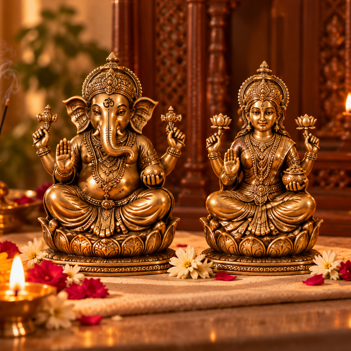 Brass Ganesh & Lakshmi Murti Set