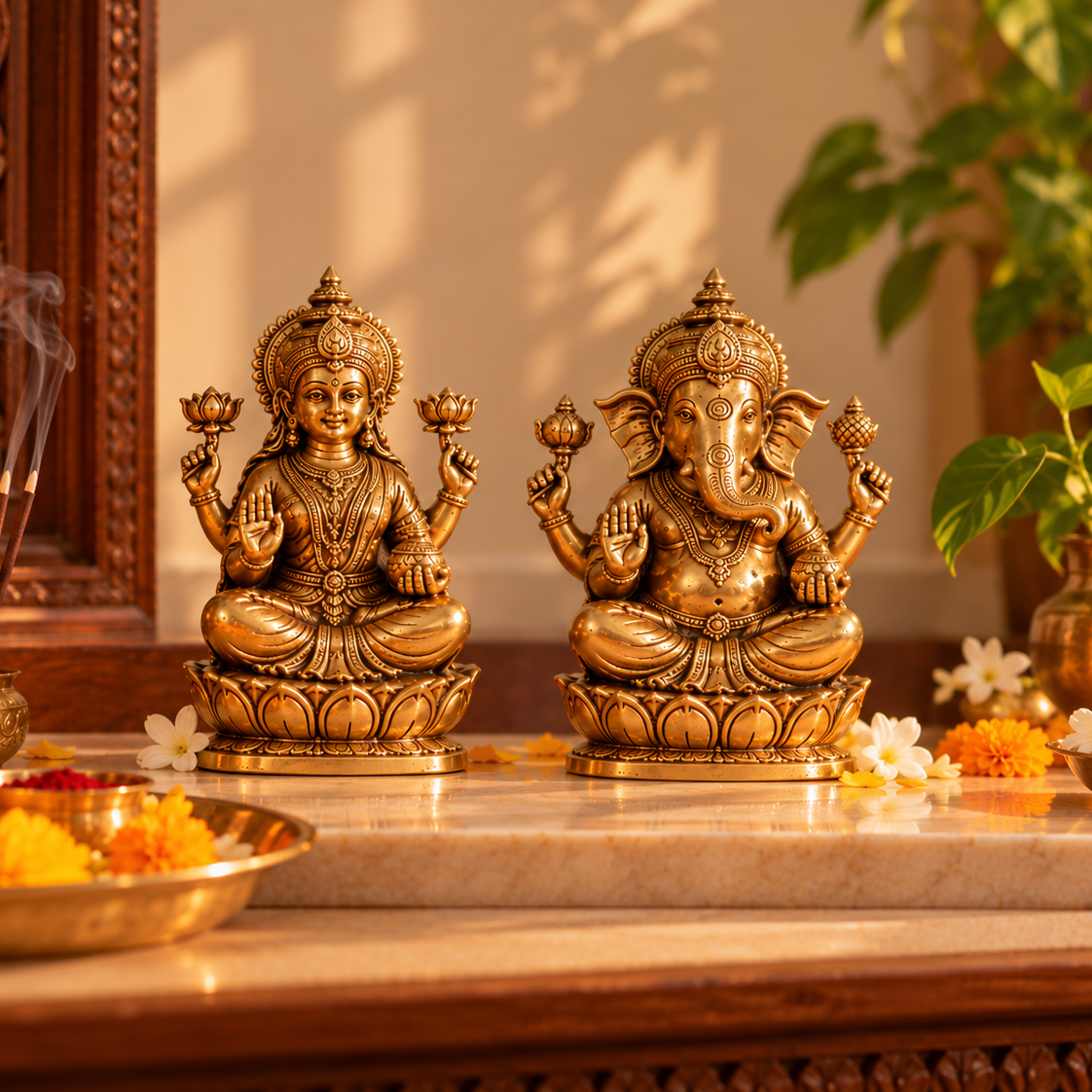 Brass Ganesh & Lakshmi Murti Set